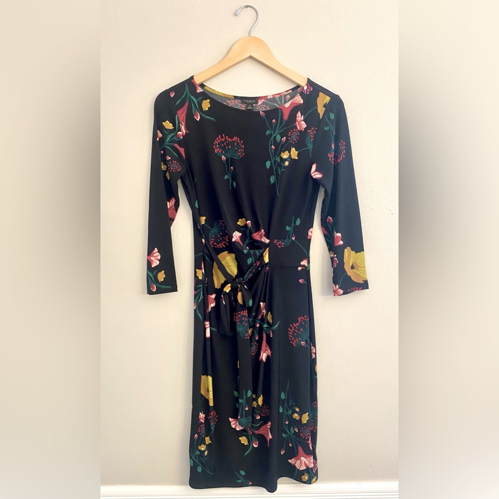 Black Floral Faux Wrap Dress